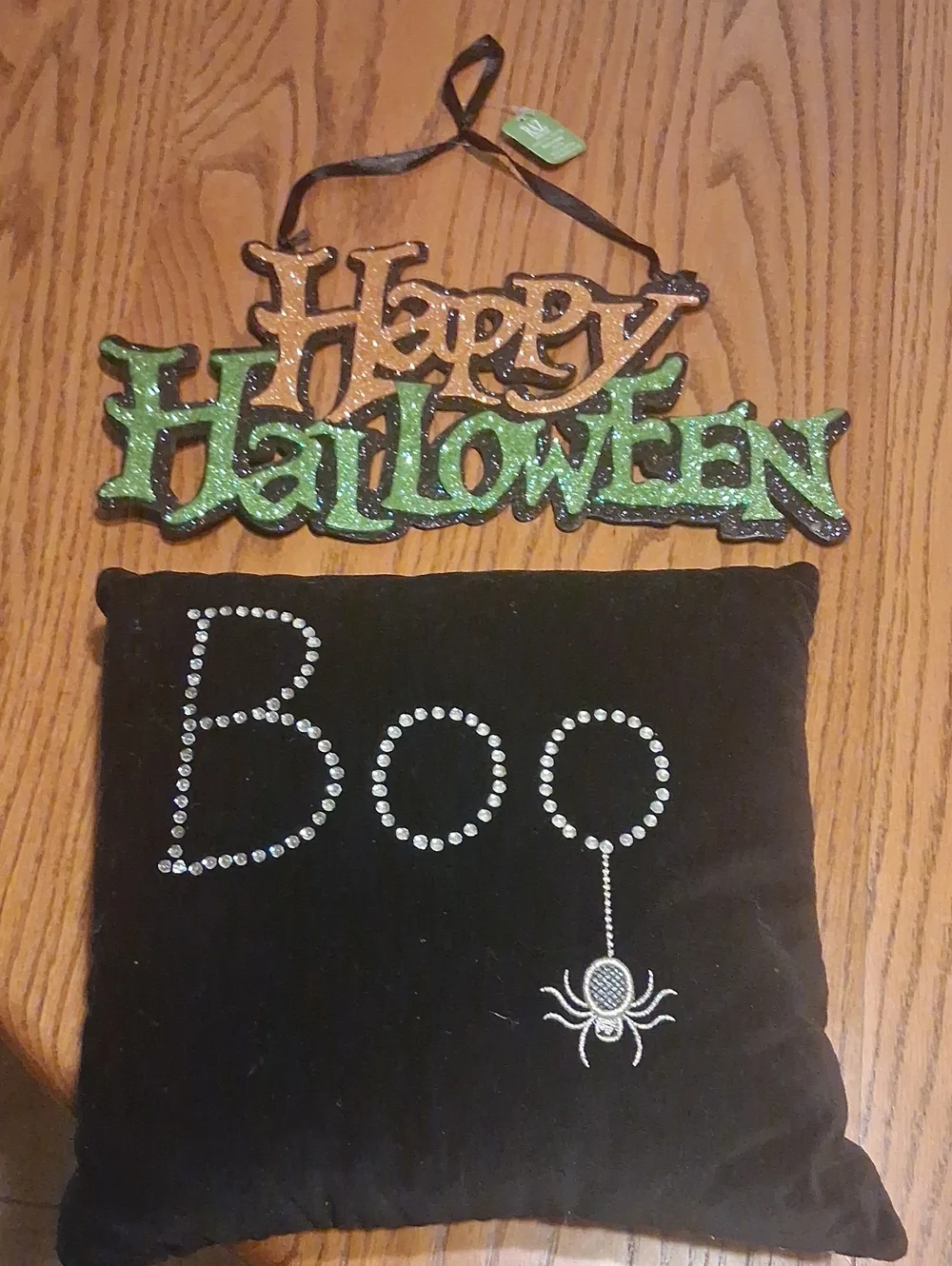 Halloween 'Boo' Decorative Pillow with Rhinestone Spider - Black